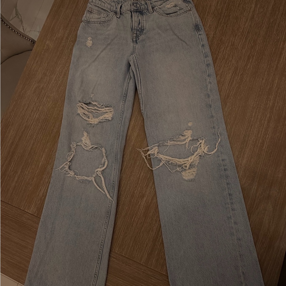 Free People Light Blue Distressed Straight Leg Jeans